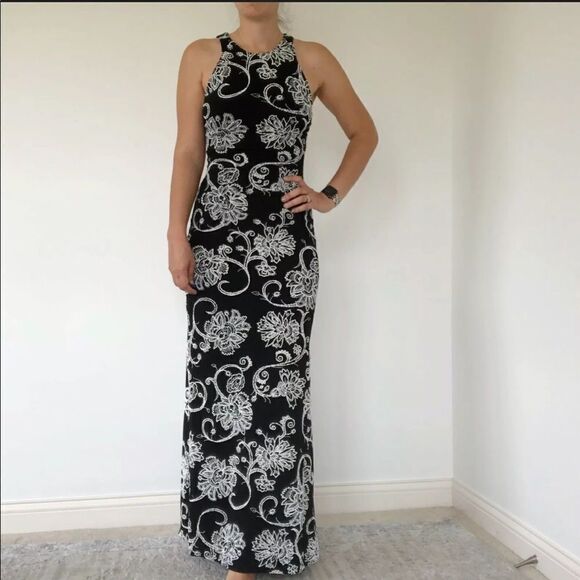 Alexia Admor NY Black Floral Open Back Gown Maxi Dress A Line Fit Size XS Party - Picture 2 of 11